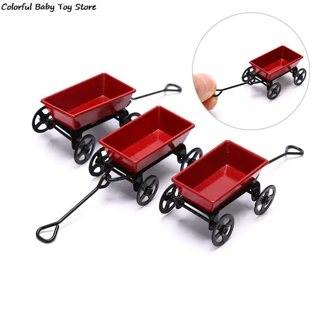 1:12 Mini Cute Dollhouse Miniature Metal Red Small Pulling Cart Garden Furniture Accessorie Home Decor Gift Toy Gifts Ornament 1