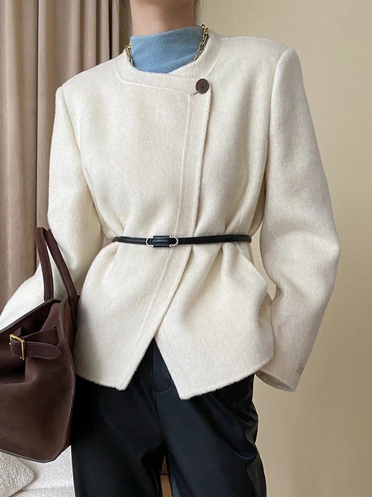 

Beige Big Size Single Button Woolen Coat New Round Neck Long Sleeve Women Jacket Fashion Tide Autumn Winter O624