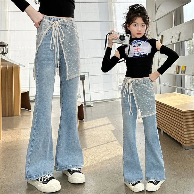 

Zhongda children bell bottoms 2024 new Spring and autumn girls mesh loose jeans children fashion 5-12 years old fashion