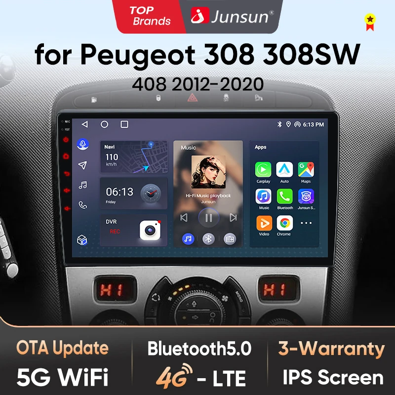 Radio de Coche Junsun con CarPlay Inalámbrico para Apple y Android Auto para Peugeot 308 308SW 408 2012 2013 2014-2020, Navegación, Bluetooth, DSP, RDS, GPS, FM 1
