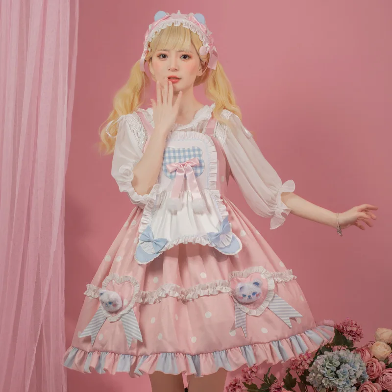 

Платья в стиле "Лолита", женский джемпер в стиле Kawaii Miads, юбка для девочек, милое Многоярусное платье принцессы в японском стиле Харадзюку, розовый костюм для косплея, платье
