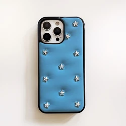 Elegant Silver Stars Leather Shockproof Phone Case - Full Screen Protective Cover - iPhone 15 (Blue)