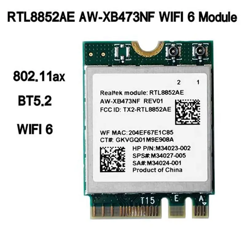 A23F-RTL8852AE Wifi 6 네트워크 카드(8Dbi 외부 안테나 포함) 1800M 무선 Wifi 모듈 Windows 10 11용 M.2 NGFF 어댑터