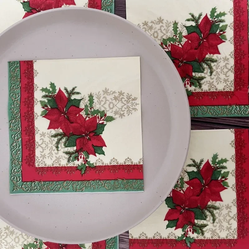 10/20pcs 2Ply 33cm Christmas Napkins Red Christmas Flowers Printed Paper Napkins Disposable Placemats Colourful Printed