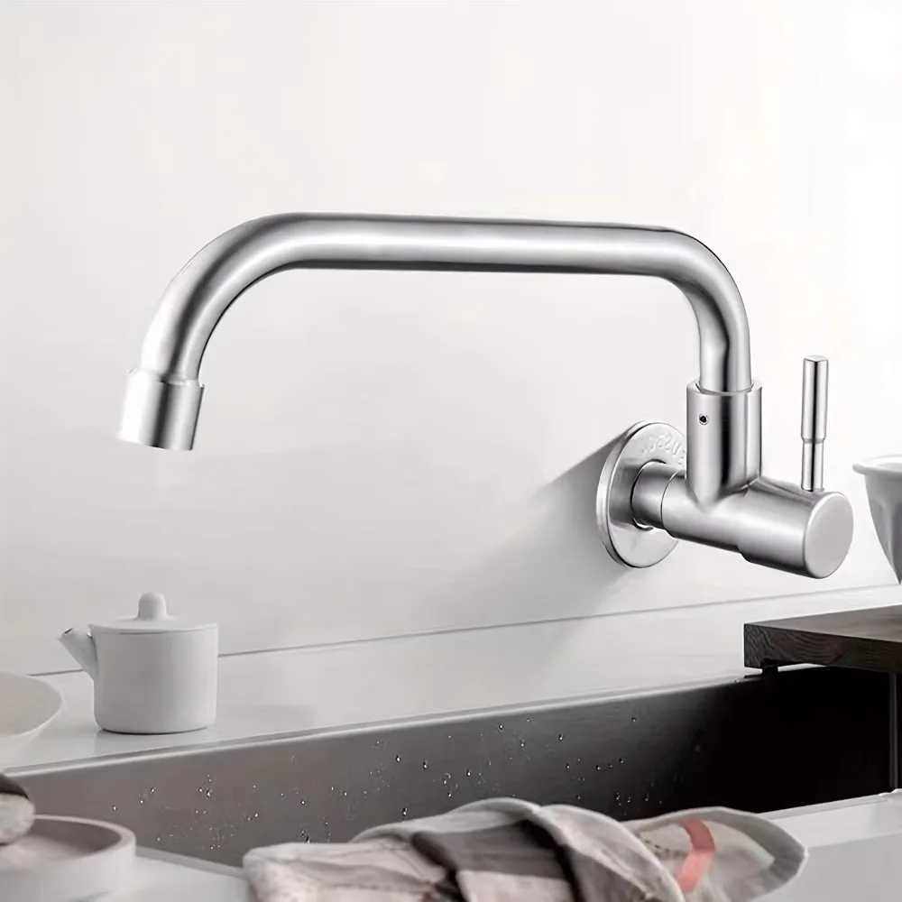 Wall Mounted Rotatable Kitchen Faucet Stainless Steel Curved Design Sink Water Tap Splash-proof Horizontal