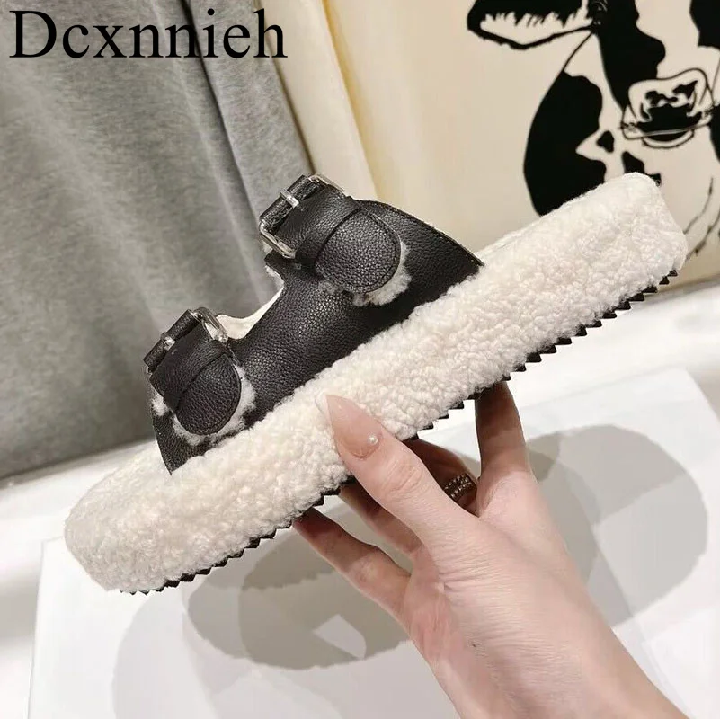 

New Autumn Winter Lamb Wool Warm Thick Bottom Slippers Double Button Design Sandals Open Toe Flat Bottom Anti slip Slip slippers