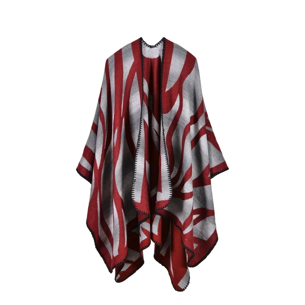 

Autumn Winter Women's Camouflage Gradient Imitation Cashmere Split Fork Lengthened Thickened Shawl Ponchos Capes Red