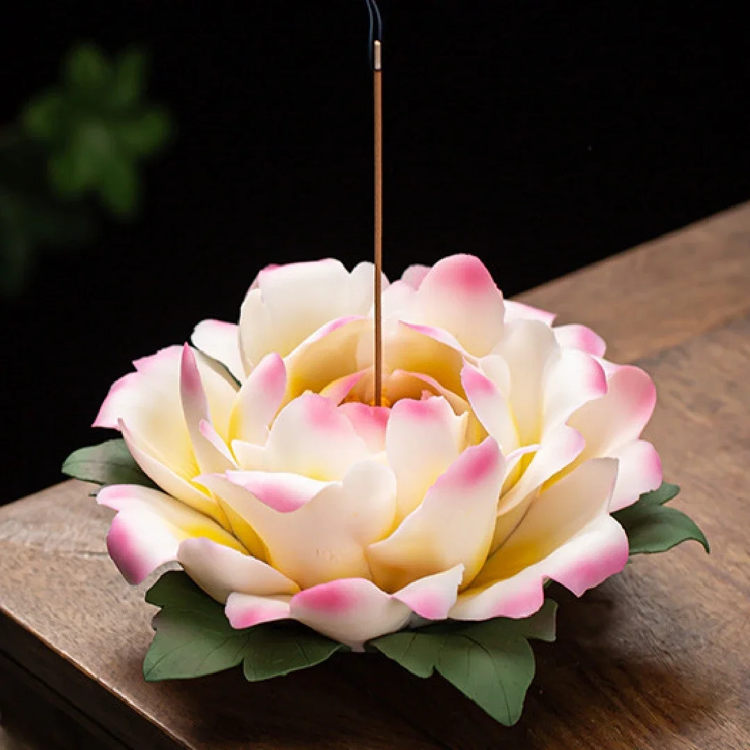 0056 Handmade Ceramic Peony Flower Ornaments Lotus Incense Burner Creative Home Hotel Living Room Tea Table Desktop Decorations