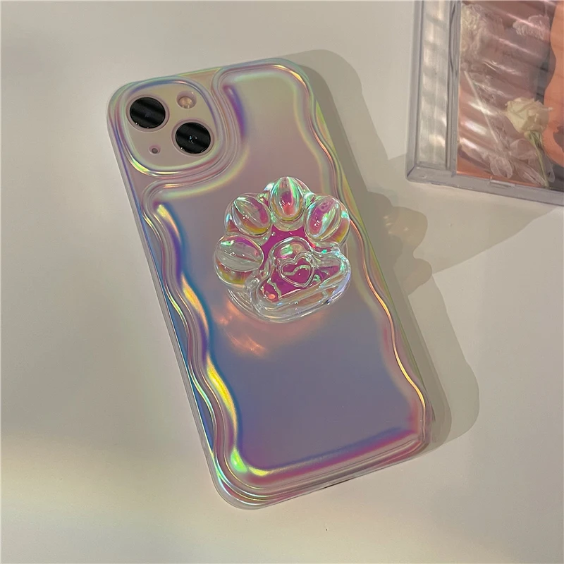 귀여운 고양이 발톱 휴대폰 거치대 브래킷, 크리스탈 판타지 3D 레이저 접이식 지지대 커버 케이스, 액세서리 스탠드 브래킷 소켓