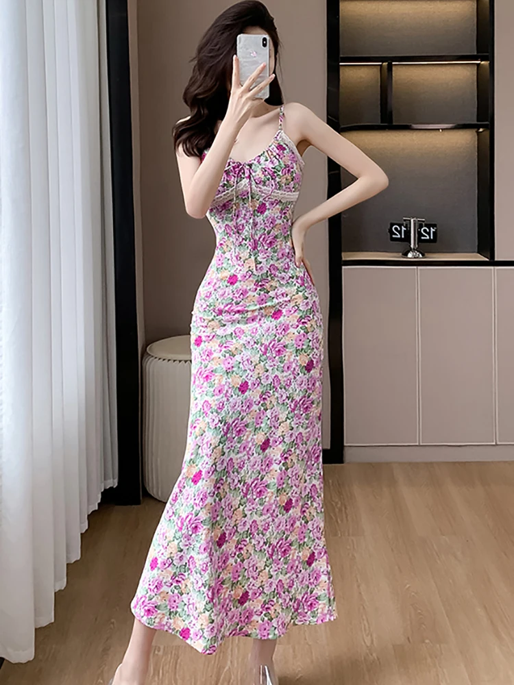 

Новинка 2024, шикарное пикантное длинное платье на бретельках с V-образным вырезом и цветочным принтом, летнее Элегантное повседневное платье в пляжном стиле, женские облегающие платья в Корейском стиле