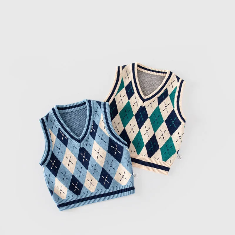 Ins Spring Autumn Children Boy Vest Rhombus Plaid Stretch 100% Cotton Kid Boys Knitwear Striped Versatile Toddler Boy Waistcoat