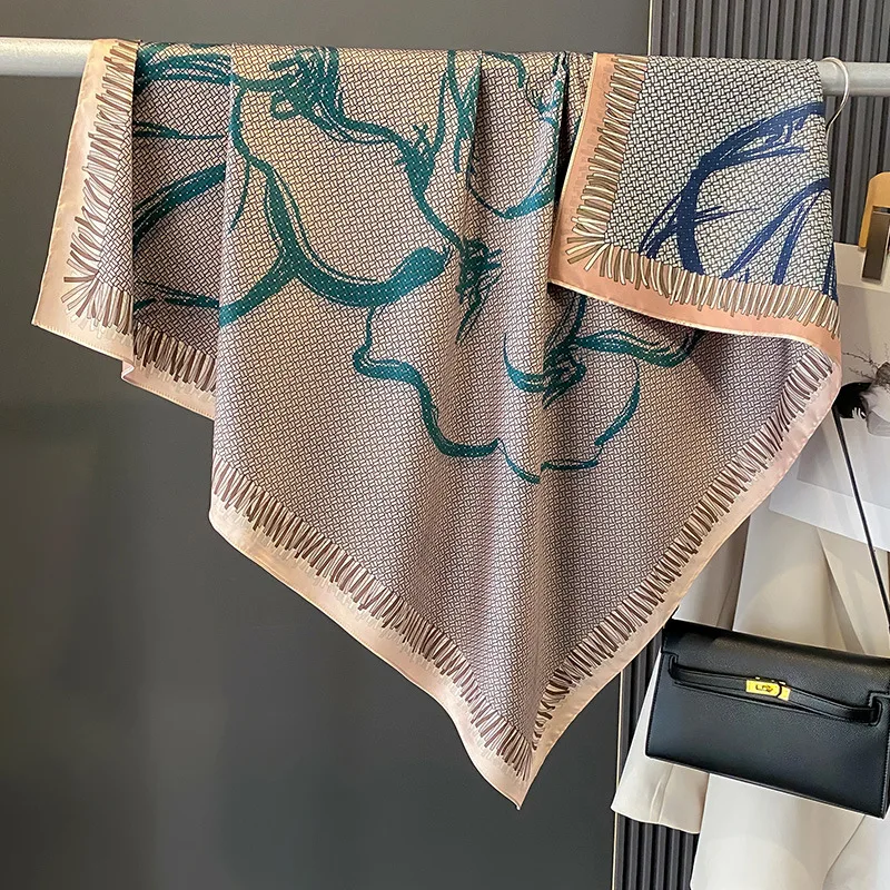90×90CM New Retro Double-sided Printed Scarf Neck Scarf High-end Fashion Age-Reducing Silk Scarf Fashionable Scarf With Shawl 6