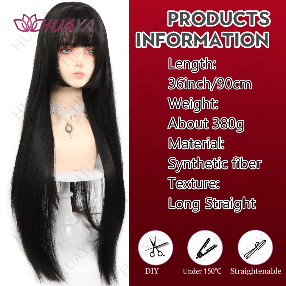 Synthetic 36 inch Super Long Straight Hair Wig With Bangs Anime Character Cosplay Costume Wig Women Daily Party Christmas Gift