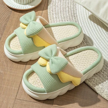 Linen Slippers Women Indoor Slippers Comzy Anti-Slip House Cotton Shoes Cute Bowknot Flat Slipper Couples Slides 1