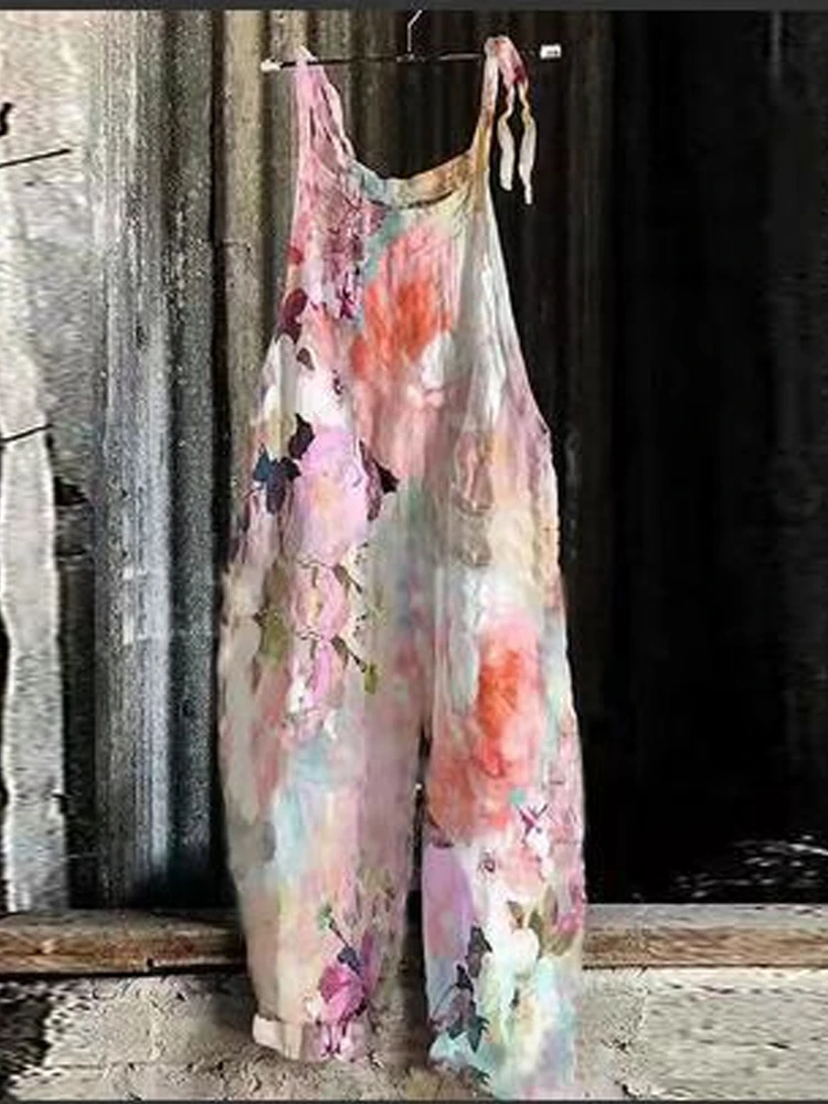 Summer Loose Playsuit Retro Jumpsuits Fashion Wide-leg Printing Woman Overalls Casual Bamboo Linen Pants Floral Sling Jumpsuit