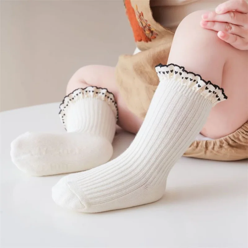 Cute Toddler Lace Trimmed Socks Non-Skid Knee High Socks Soft for Winter Spring Summer Autumn
