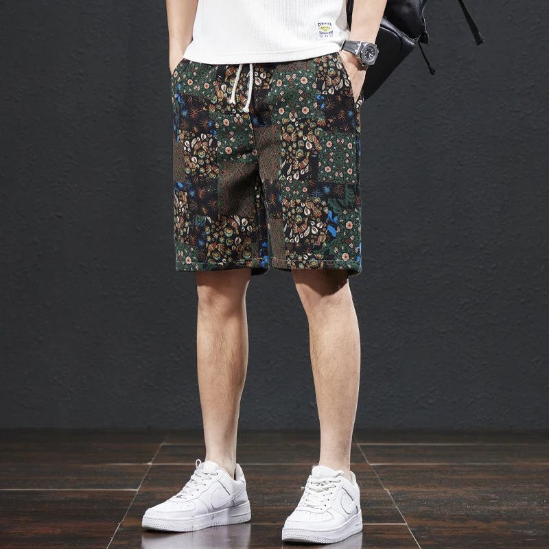 Beach pants men's summer thin ethnic style printed capris, trendy loose, elastic, breathable BOY's shorts 4