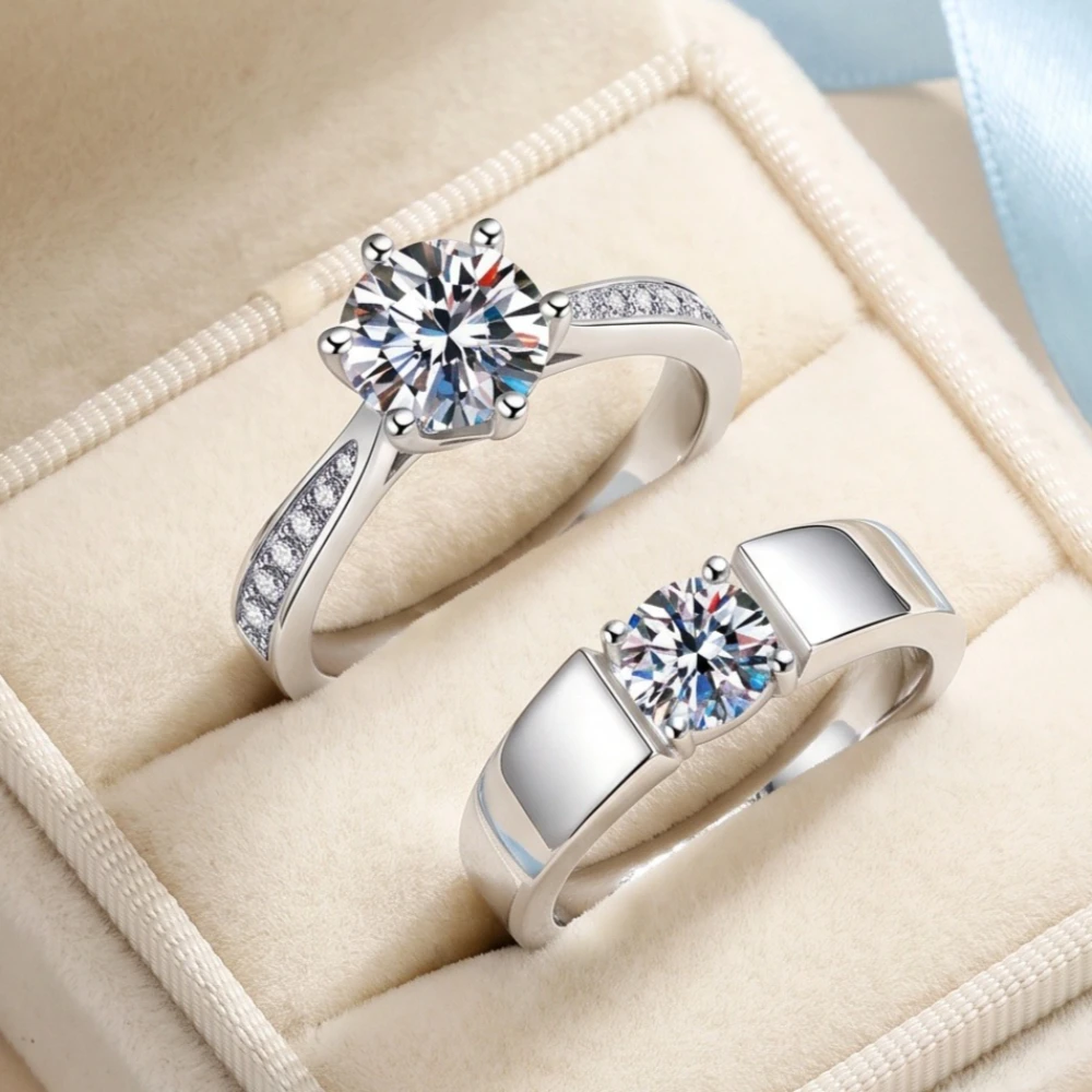 Bague de couple en argent sterling 925 avec moissanite D VVS1 pour femme et homme, bijoux de mariage, fiançailles, imitation diamant, cadeaux de mode, fête