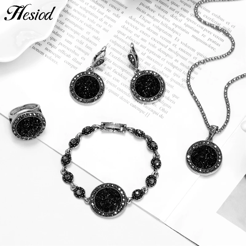 Vintage Black Crystal Cluster Druzy Round Charms Jewelry Sets