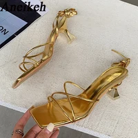 Aneikeh-Sandales en cuir verni à lacets croisés pour femmes, chaussures de soirée à bande étroite, talon bas fin, gladiateur Rome d'été, mode 2025 1
