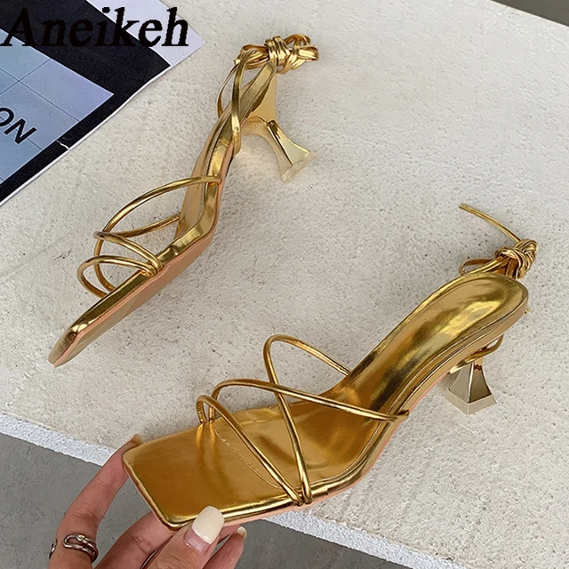 Aneikeh-Sandales en cuir verni à lacets croisés pour femmes, chaussures de soirée à bande étroite, talon bas fin, gladiateur Rome d'été, mode 2025 1