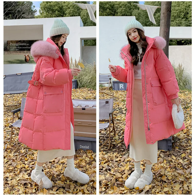 Women Fox Fur Collar Hooded Down Jacket Loose Purple Long Thickened Macaron Color White Duck Slimming Widened 6XL Oversized Coat