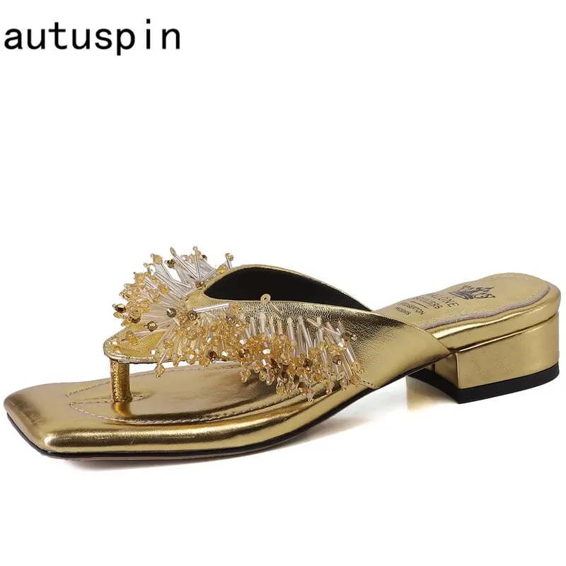 

Autuspin Summer Women Slippers Street Style Design Tassel Thick Heels Summer Fashion Genuine Leather Casual Party Shoes Ladies