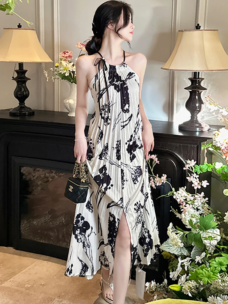 

Летнее модное пикантное длинное платье с открытой спиной и принтом, женское Элегантное повседневное пляжное платье 2024, корейские облегающие плиссированные платья