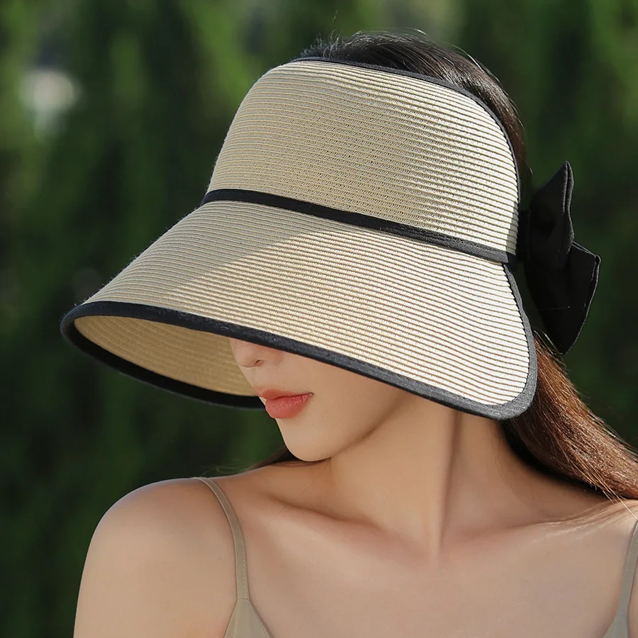 Korean Summer Large Brim Hollow Top Hat Fashion Bow Shading Straw Hat Casual Simple Sun Women Woven