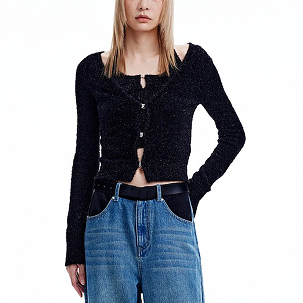 

2024 Early Spring New Women Cardigan Y2k Fashion Hundred V-Neck Hanging Neck Fluffy Short Knit Top Two Piece Set