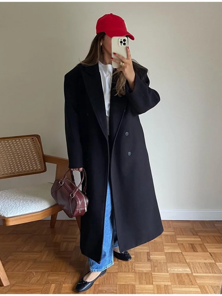Solid Woolen Lapel Long Coats For Women Loose Full Sleeve Double Breasted Shoulder Pads Overcoats 2024 Autumn New Lady Outwears 6