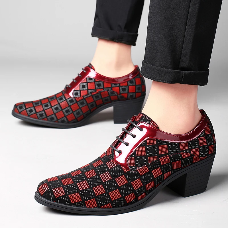 New Fashion Blue Plaid Men's High Heel Shoe Pointed Leather Dress Shoes Men Lace-up Wedding Shoes Men zapatos hombre vestir
