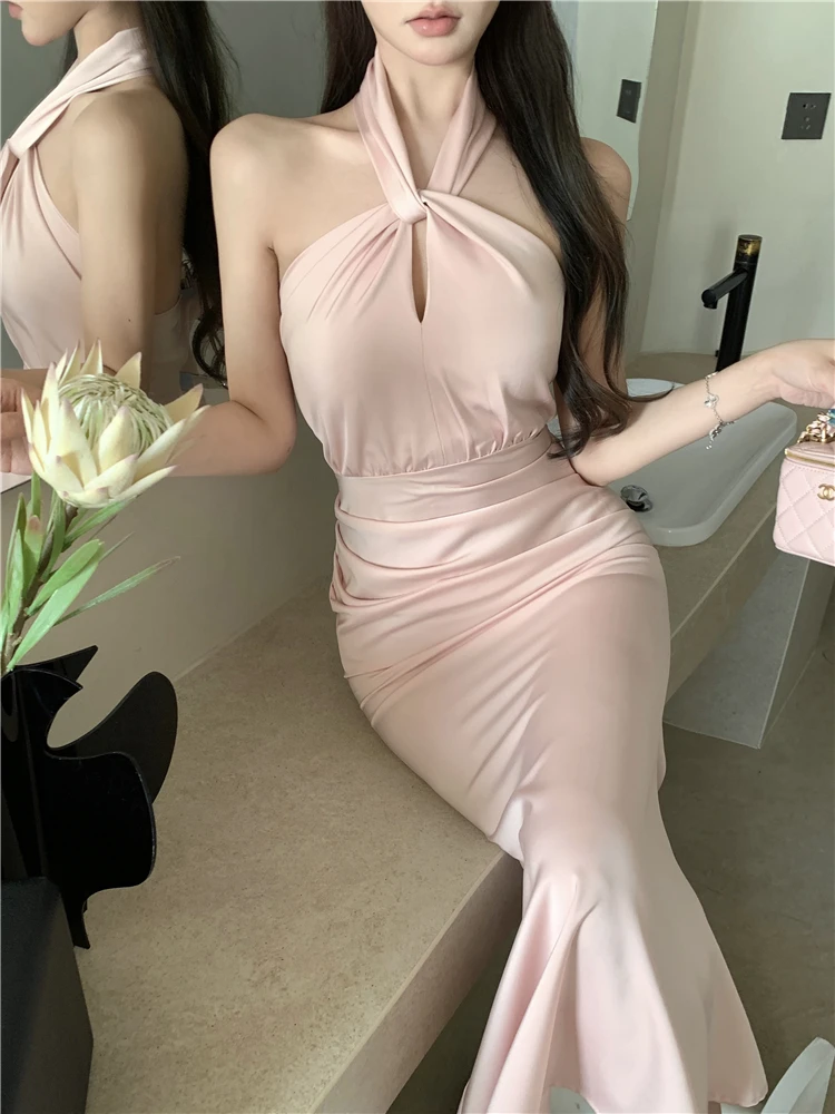 Sexy Bodycon Satin Evening Party Dress Sleeveless Halter Slim Mermaid Summer New Midi Dresses for Women Prom Vestidos Mujer