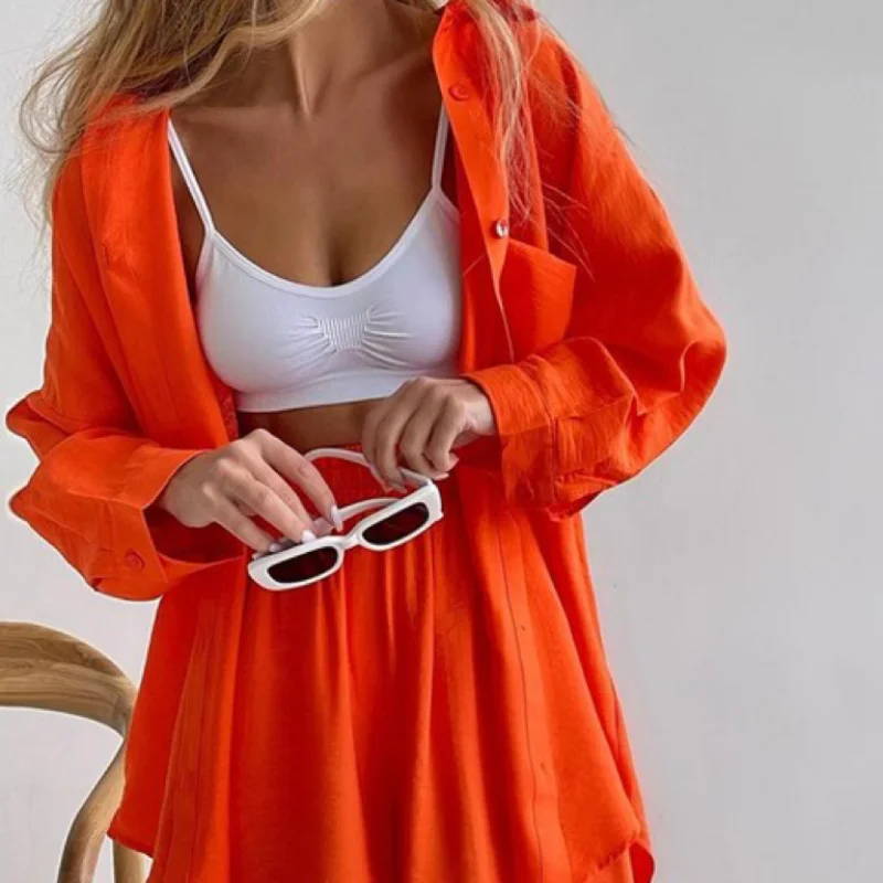 Monochrome Long Sleeve Shirt Set, Single Breasted, Loose Fashion, Casual Shorts, Europe and America, Spring, New, 2024