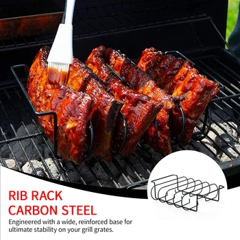 Stainless Steel Rib Rack, Holds Up to 4 Full Racks of Ribs for Smoking,Gas Smoker or Charcoal Grill, Sturdy & Non Stick Standing