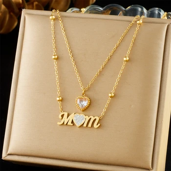 DIEYURO 316L Stainless Steel Heart Zircon Letter MOM Pendant 6