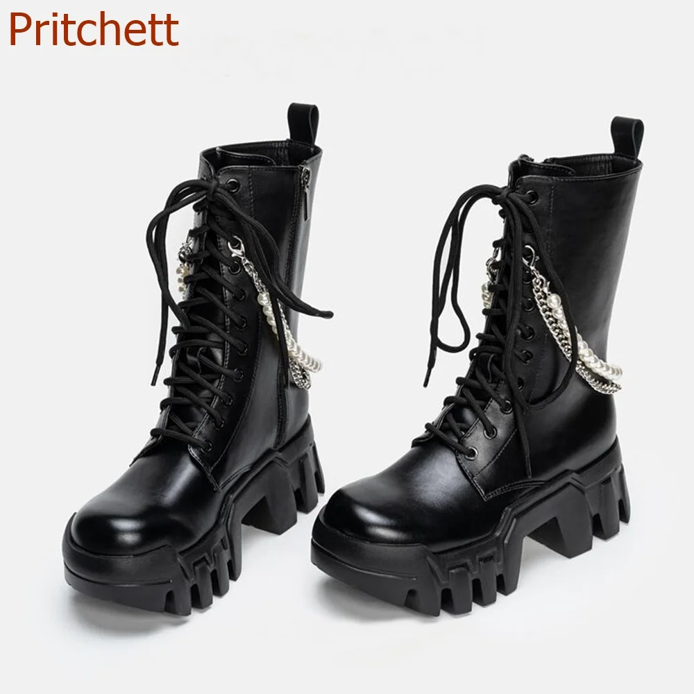 Round Toe Metal Chain Women Boots Mid Calf Cross Tied Fashion Mid Calf Casual Comfortbale Office Women Shoes 2023 New Arrivals