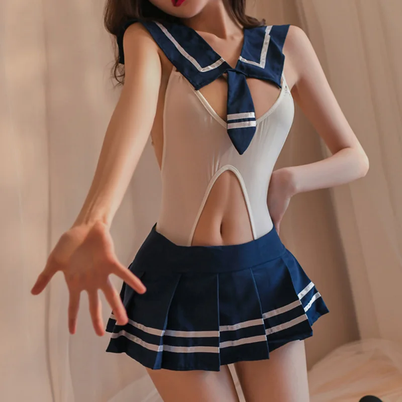 

Women's Skirt Neck-tie Sexy Sailor Suit Backless Bodysuit Cosplay Schoolgirls Open Crotch Hollow Out Erotic Lingerie Underwear