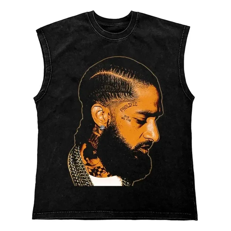 Lip Print Pattern Washed T Shirt Vintage Loose Tank Top Casual Sleeveless Cotton Tshirt Hip Hop Streetwear Oversize Tops Vest
