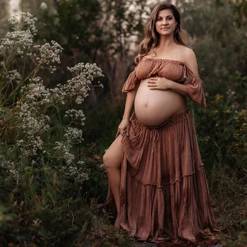  Bohemian Photo Shooting Pregnancy Dress Comfortable Soft Linen-Cotton Set For Pregnant Women Photos Maternity Two-Piece Dress 4