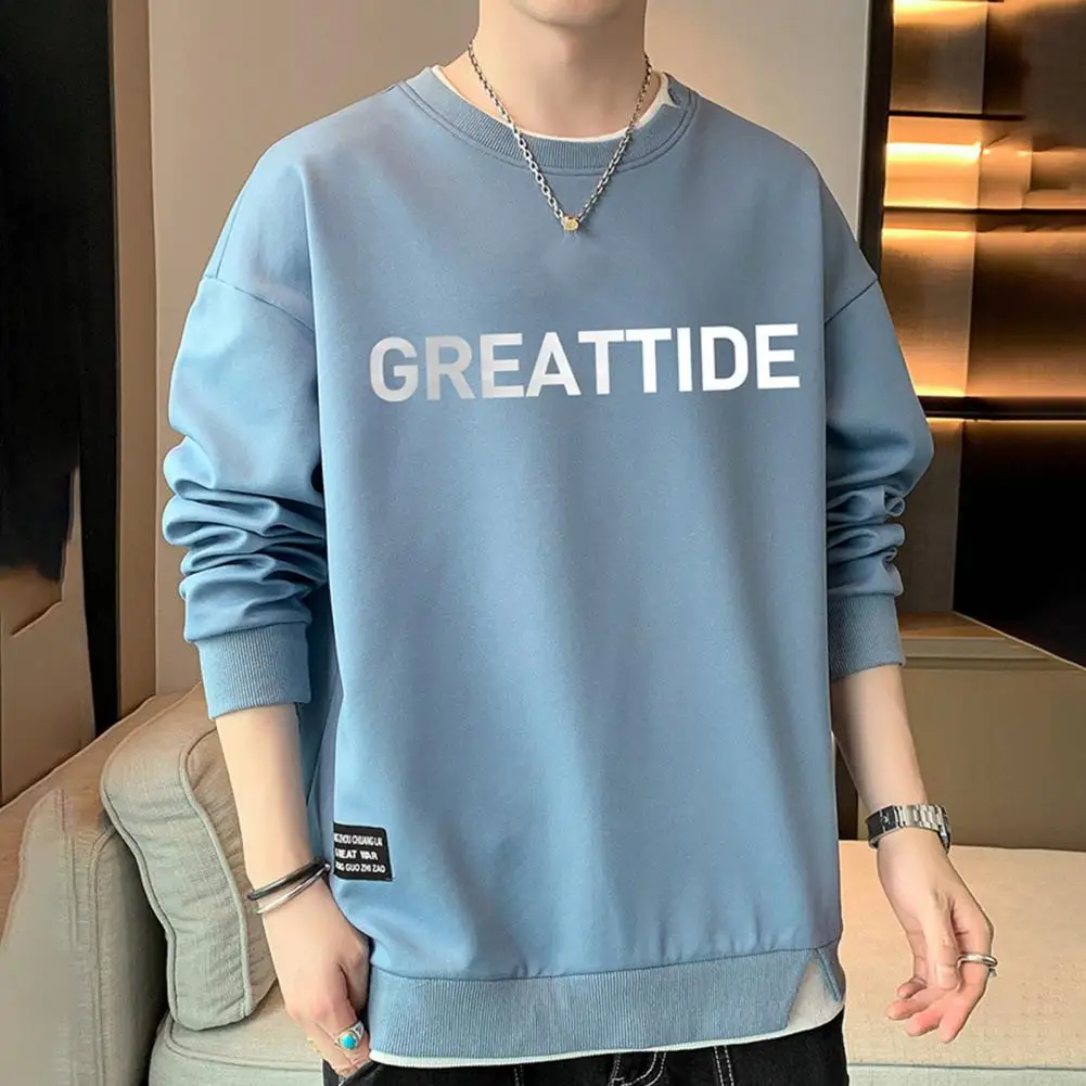 

Sports Sweatshirt Men's Letter Print Fake Two-piece Sweatshirt with Elastic Cuff Hem for Fall Winter Casual Wear Casual