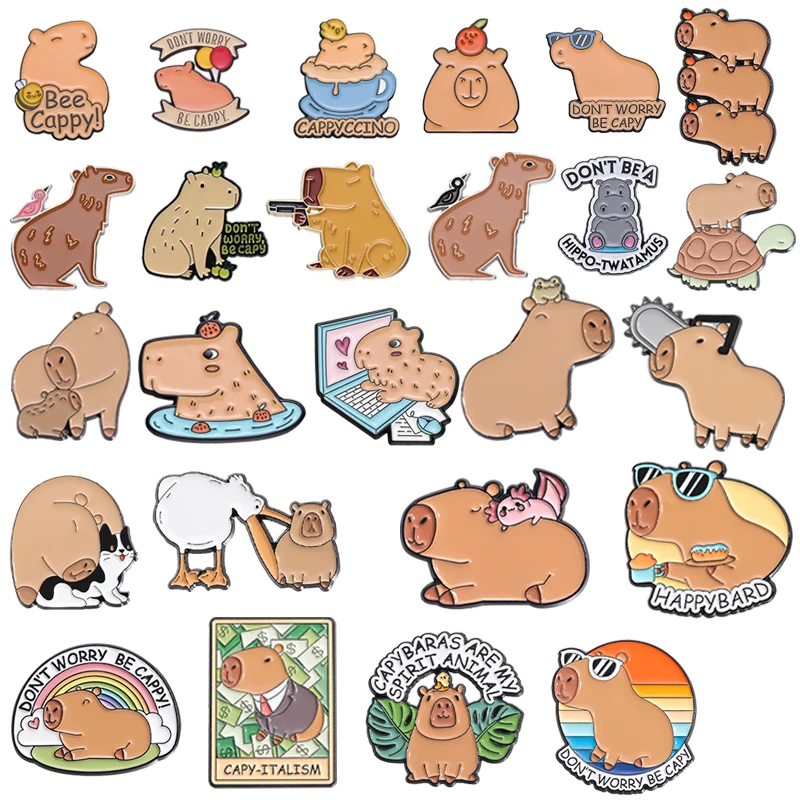 Cute Capybara Enamel Pin Don\'t Worry Be Cappy Animal Brooch Hippo Toad Frog Lapel Accessories Backpack Jewelry Kid Women Gift