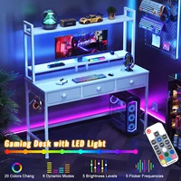 Satifur Computer Desk With Power Outlets & Led Light, 47 Inch Home Office Desk With 3 Drawers And Storage Shelves, Writing 1