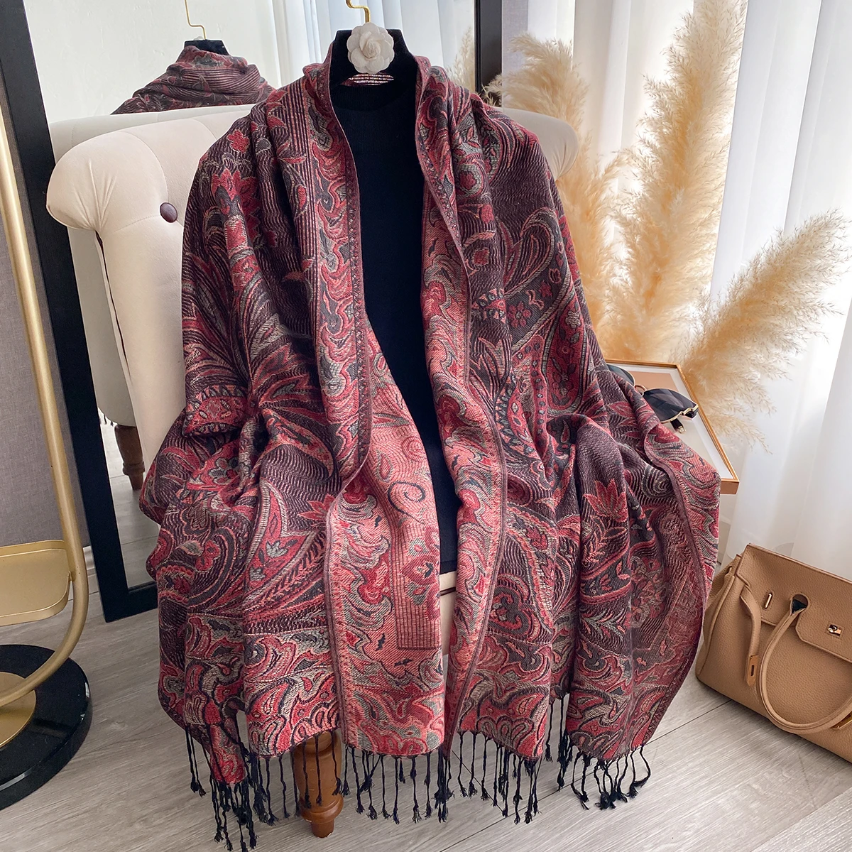 Luxury Winter Cashmere Scarf for Women - Printed Tasseled Shawl, Embroidered Pareo Cape & Elegant Chunky Headscarf