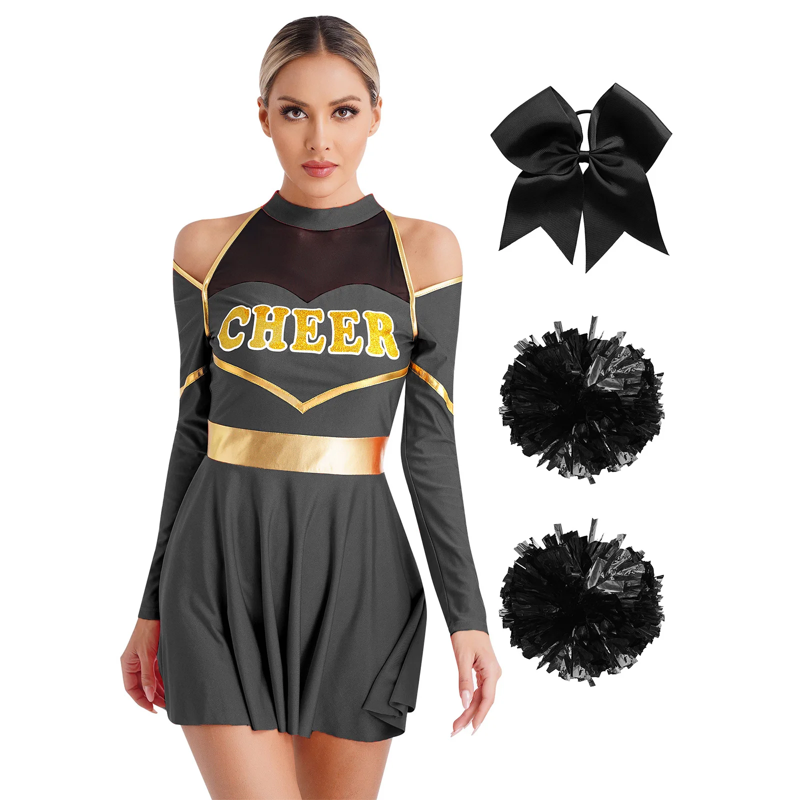 

Women Cheerleading Dance Performance Costume Cold Shoulders Dress with Hair Band Flower Balls Basketball Match Party Dancewear