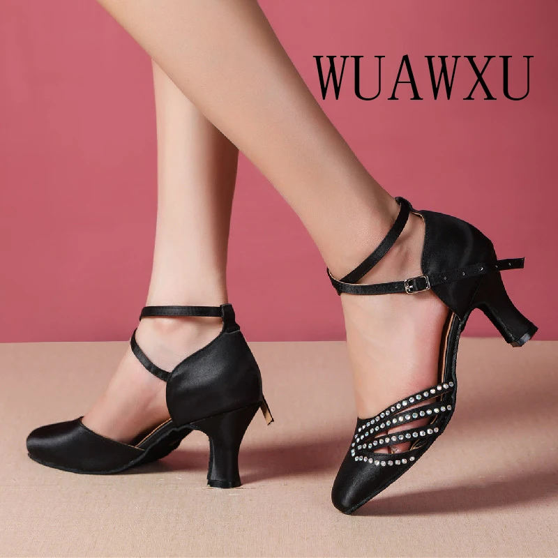 NATASHA Latin Dance Shoes Women's 2023 New Style Diamond Dance Shoes Summer Sandals Medium High Heel Soft Sole Square Dance Shoe