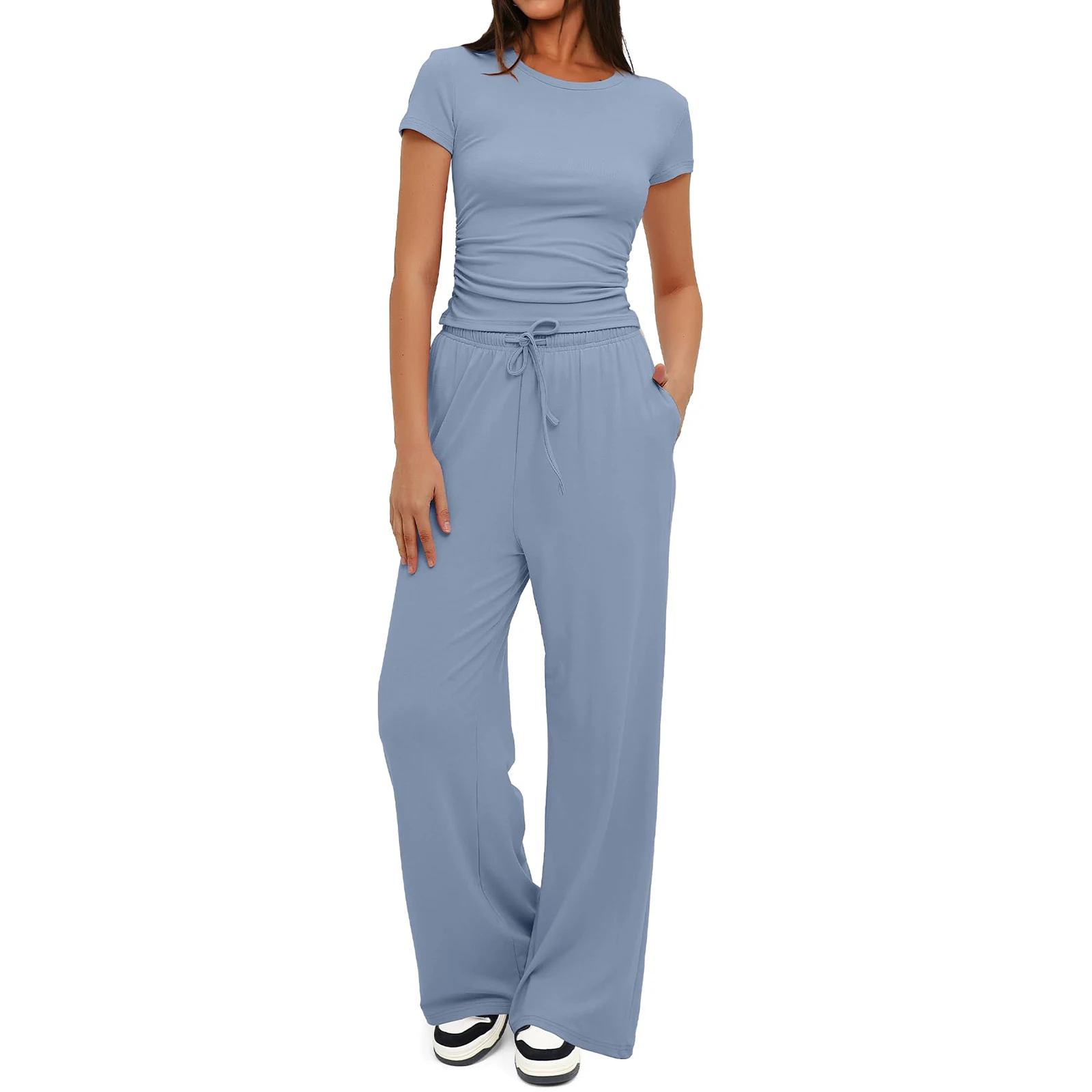 

Women Summer Outfits Solid Color Short Sleeve T-Shirts Tops Drawstring Elastic Waist Long Pants 2 Pieces Clothes Set