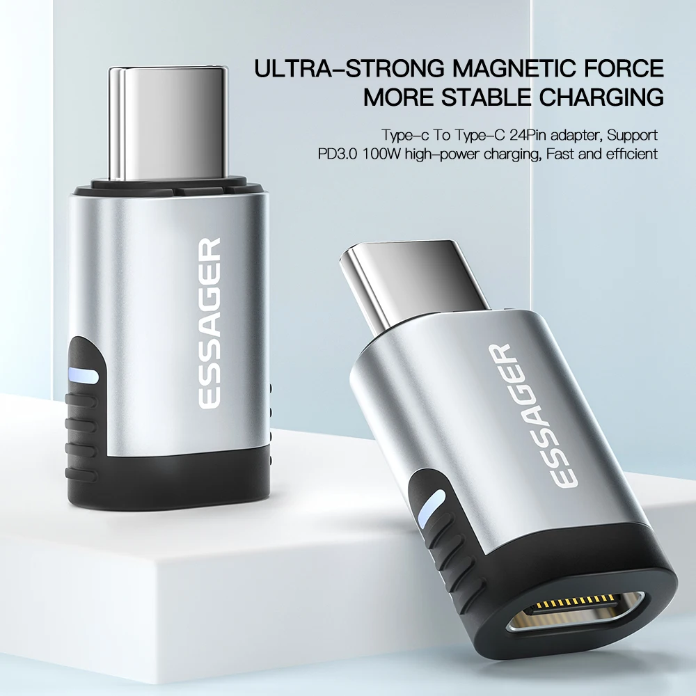 Essager 아이패드 프로 맥북용 마그네틱 어댑터 커넥터, USB C타입 PD 3.0 고속 충전 케이블 컨버터, 24 핀, 100W