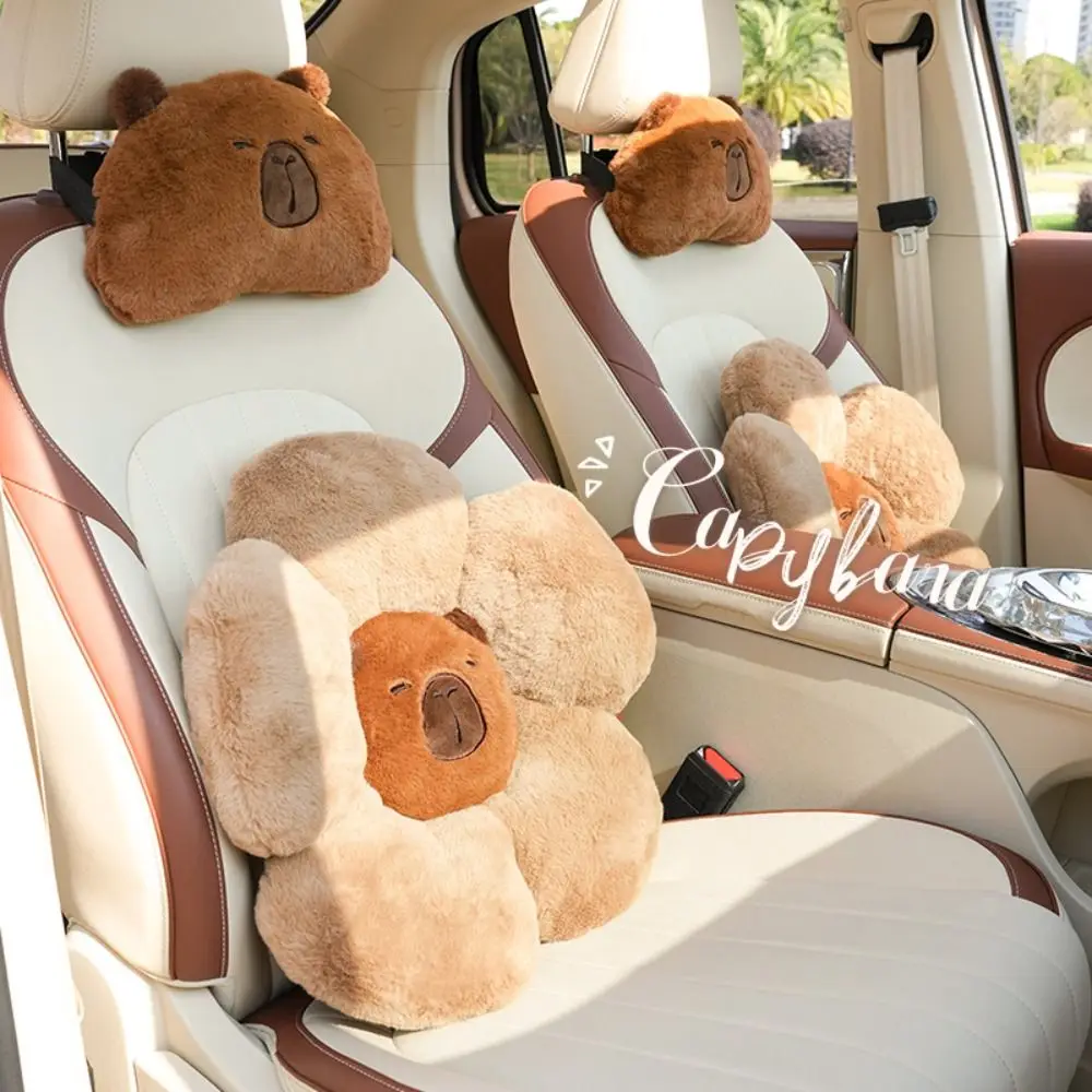 Cute Plush Capybara Car Seat Cushion Soft Stuffed Car Headrest Comfortable Lumbar Support Waist Pillow Car Decoration