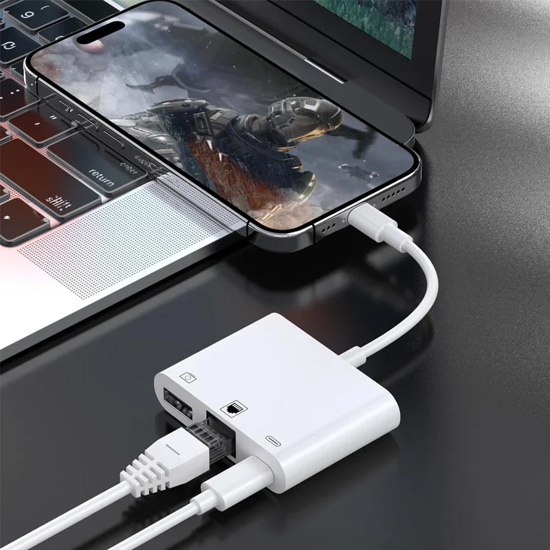 RJ45 Ethernet Adapter For Lightning iPhone 14 13 12 11 8 7 6 5 /iPad/iPod 3 in 1 Adapter with Charging Port USB OTG